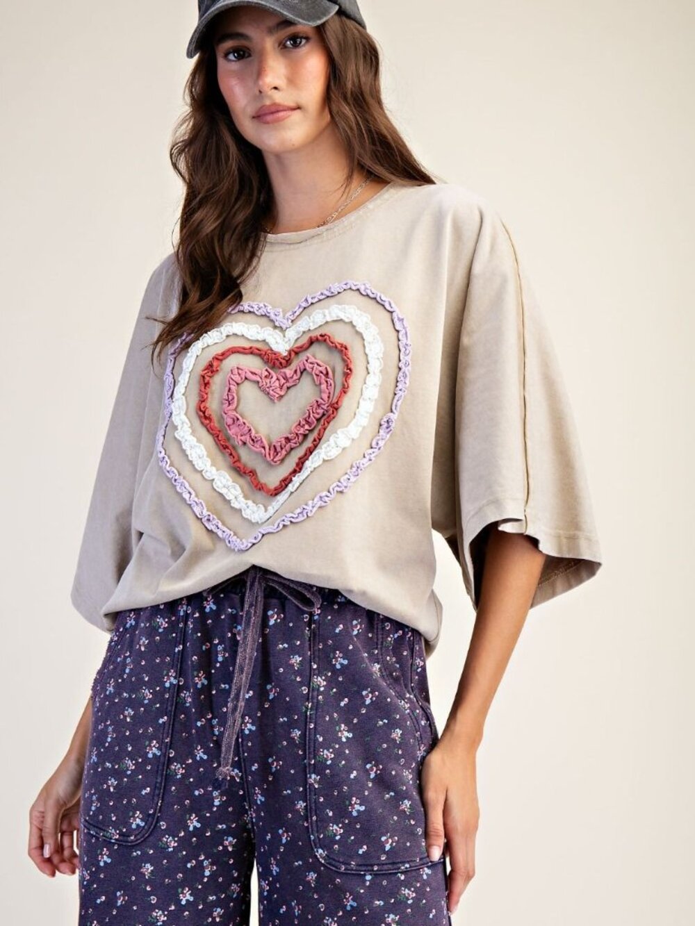 EASEL HEART MINERAL WASHED TERRY TOP SML NWT SAGE GREY Heart cotton shirt